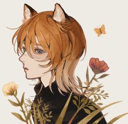 Rule 34 | 1boy, androgynous, animal ear fluff, animal ears, black sweater, blue eyes, bug, butterfly, cat boy, cat ears, closed mouth, cognacbear, flipped hair, flower, from side, grey background, hair between eyes, highres, insect, leaf, looking away, medium hair, orange butterfly, orange hair, original, portrait, red flower, simple background, sweater, turtleneck, turtleneck sweater