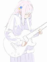 1girl bocchi_the_rock! closed_eyes cube_hair_ornament electric_guitar gibson_les_paul gotoh_hitori guitar hair_ornament highres holding holding_instrument instrument long_hair music pink_hair playing_guitar playing_instrument solo traditional_media watamoke white_background