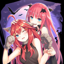 Rule 34 | 2girls, absurdres, ahoge, animal ears, bare shoulders, bat (animal), bat hair ornament, bat wings, biting, black skirt, blue eyes, blunt bangs, blush, breasts, da-cart, female focus, fur collar, go-toubun no hanayome, hair ornament, halloween, halloween costume, hand on another&#039;s head, highres, hime cut, holding another&#039;s wrist, large breasts, long hair, multiple girls, nail polish, nakano itsuki, nakano nino, night, one eye closed, pink hair, raised eyebrows, red eyes, red nails, shirt, siblings, sisters, skirt, star (symbol), star hair ornament, twintails, v-shaped eyebrows, white shirt, wings, wolf ears, wolf paws