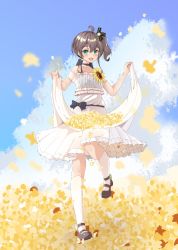 Rule 34 | 1girl, :d, ahoge, alternate costume, bare shoulders, black choker, black footwear, blue sky, brown hair, chinese commentary, choker, cloud, collarbone, commentary request, dress, field, flower, flower field, full body, green eyes, hololive, jpeg artifacts, kurokuma shachou, leg up, looking at viewer, mary janes, md5 mismatch, natsuiro matsuri, open mouth, outdoors, resolution mismatch, shoes, short hair, side ponytail, skirt hold, sky, smile, solo, source larger, standing, standing on one leg, teeth, upper teeth only, virtual youtuber, white dress, white legwear
