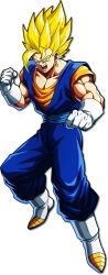 Rule 34 | 1boy, aqua eyes, blonde hair, boots, clenched hands, dougi, dragon ball, dragon ball fighterz, dragonball z, earrings, fighting stance, fusion, gloves, highres, jewelry, looking at viewer, male focus, muscular, official art, open mouth, potara earrings, solo, spiked hair, standing, super saiyan, super saiyan 1, vegetto, white footwear
