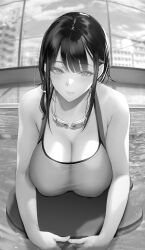 Rule 34 | 1girl, absurdres, armpit crease, bare shoulders, blush, breasts, cleavage, gentsuki, goggles, goggles around neck, greyscale, highres, large breasts, long hair, looking at viewer, monochrome, original, parted lips, pool, sidelocks, smile, solo, water, wet