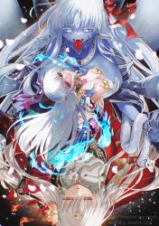Rule 34 | 3girls, armlet, armor, asymmetrical sleeves, bare shoulders, bikini armor, blue eyes, blue fire, blue hair, blue skin, blush, body markings, bracelet, breasts, circlet, cleavage, collar, colored inner hair, colored skin, dress, durga (fate), earrings, extra arms, fangs, fate/grand order, fate (series), fire, flower, gold trim, gradient skin, grey hair, hair flower, hair ornament, hair ribbon, highres, indian clothes, jewelry, kali (fate), kama (fate), kama (third ascension) (fate), large breasts, long hair, looking at viewer, lotus, metal collar, multicolored hair, multiple girls, murasaki yuna, neck ring, necklace, open mouth, parted lips, petals, red dress, red eyes, red skin, ribbon, sari, sash, smile, snake, thighlet, third eye, thumb ring, tongue, tongue out, two-tone hair, very long hair, white hair
