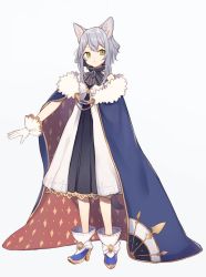 Rule 34 | 1girl, animal ears, bare legs, bare shoulders, blue cape, blue footwear, breasts, brooch, cape, cat ears, cat girl, cat tail, commentary, dress, expressionless, full body, fur collar, green eyes, jewelry, looking at viewer, off shoulder, original, shoes, short hair, shugao, silver hair, simple background, small breasts, solo, standing, tail, white background, white dress