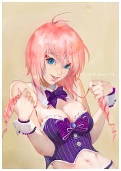Rule 34 | 1girl, ahoge, aljeanne, amatiz, bad id, bad pixiv id, bare shoulders, blue eyes, bow, bowtie, breasts, cleavage, cloth road, corset, detached collar, drill hair, heart, looking at viewer, mask, mouth mask, navel, pink hair, short hair, short hair with long locks, smile, solo, twin drills, twintails, wrist cuffs