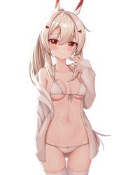 Rule 34 | 1girl, absurdres, ayanami (azur lane), azur lane, baiyin (sif123456), bare shoulders, bikini, blonde hair, blush, breasts, cowboy shot, front-tie bikini top, front-tie top, frown, gluteal fold, groin, hair ornament, halterneck, hand up, highres, jacket, long hair, long sleeves, looking at viewer, mechanical ears, medium breasts, navel, off shoulder, open clothes, open jacket, ponytail, red eyes, simple background, solo, stomach, string bikini, sweat, swimsuit, thighhighs, thighs, very long hair, white background, white bikini, white jacket, white thighhighs