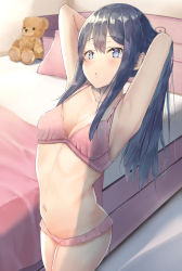 Rule 34 | 1girl, adjusting hair, aged up, akatsuki (kancolle), armpits, bed, blush, bra, breasts, collarbone, hair between eyes, highres, irohakaede, kantai collection, long hair, parted lips, pillow, pink bra, purple eyes, purple hair, small breasts, solo, stuffed animal, stuffed toy, teddy bear, underwear, underwear only, very long hair