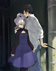 Rule 34 | 00s, 1boy, 1girl, black pantyhose, cleavage cutout, clothing cutout, collared shirt, cowboy shot, darker than black, dress shirt, hei (darker than black), hetero, holding, holding behind back, holding hands, long sleeves, looking away, lowres, outdoors, pantyhose, ponytail, purple eyes, purple skirt, shirt, silver hair, skirt, standing, white shirt, yin (darker than black)