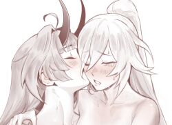 Rule 34 | 286456006, 2girls, ahoge, blunt bangs, blush, character request, completely nude, honkai (series), horns, kiss, monochrome, multiple girls, nude, one eye closed, parted lips, ponytail, simple background, tears, white background, yuri