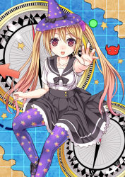 Rule 34 | 10s, 1girl, :d, ankle ribbon, arrow (symbol), black bow, black ribbon, blonde hair, blush, bow, buttons, collarbone, compass, fingernails, frills, gradient hair, grid, hat, hat bow, holding, ikeda yuuki, kantai collection, lace, lace-trimmed skirt, lace trim, leg ribbon, long fingernails, long hair, looking at viewer, low twintails, majokko (kancolle), map, multicolored hair, open mouth, outstretched arm, pantyhose, patterned legwear, personification, pleated skirt, print headwear, print pantyhose, purple pantyhose, rashinban musume, red eyes, revision, ribbon, school uniform, scrunchie, serafuku, shirt, shoes, short sleeves, sitting, skirt, smile, solo, star (symbol), star print, twintails, very long hair, witch hat