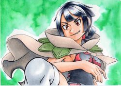 Rule 34 | 1girl, bare arms, black hair, black shirt, breasts, brown eyes, cloak, commentary, creatures (company), earrings, eyelashes, game freak, green background, grey shorts, grey thighhighs, highres, jewelry, leg up, looking down, nintendo, oka mochi, over-kneehighs, parted lips, pokemon, pokemon oras, rope belt, shirt, short hair, shorts, sleeveless, smile, smirk, solo, thighhighs, traditional media, zinnia (pokemon)