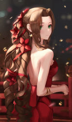 Rule 34 | 1girl, absurdres, aerith gainsborough, aerith gainsborough (red dress), backless dress, backless outfit, bare arms, bare back, bare shoulders, blurry, blurry background, blush, bokeh, braid, brown hair, closed mouth, depth of field, dress, earrings, falling petals, final fantasy, final fantasy vii, final fantasy vii remake, flamenco dress, flower, from behind, glint, green eyes, hair flower, hair ornament, hair ribbon, highres, jewelry, long hair, looking at viewer, looking back, necklace, official alternate costume, petals, red dress, red flower, red ribbon, ribbon, ringlets, sidelocks, smile, solo, square enix, standing, star (symbol), star earrings, strapless, strapless dress, tooku0, twin braids, very long hair, wall market