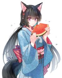 Rule 34 | 1girl, :t, animal ears, artist name, black hair, blue kimono, blush, closed mouth, cowboy shot, dated, eating, floral print, food, fruit, holding, holding food, japanese clothes, kimono, long hair, long sleeves, looking at viewer, low twintails, obi, original, print kimono, sash, sila (carpen), simple background, solo, tail, twintails, very long hair, water drop, watermelon, watermelon slice, white background, wide sleeves