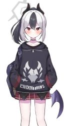 Rule 34 | 1girl, bag, black choker, black hair, blue archive, blush, choker, clothes writing, collarbone, commentary, halo, hands in pockets, highres, hood, hoodie, horns, kayoko (blue archive), long hair, long sleeves, looking at viewer, low wings, miniskirt, multicolored hair, murase48, plaid, plaid skirt, pleated skirt, red eyes, shoulder bag, simple background, single wing, skirt, solo, white background, white hair, wings