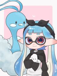 Rule 34 | 1girl, altaria, bird, black eyes, black hairband, blue hair, blue skin, border, colored skin, commentary, creatures (company), fluffy, game freak, gen 3 pokemon, hairband, highres, inkling, inkling girl, inkling player character, long hair, mina p, nintendo, pink background, pointy ears, pokemon, pokemon (creature), red eyes, sleeves past fingers, sleeves past wrists, smile, splatoon (series), symbol-only commentary, tentacle hair, upper body, white border