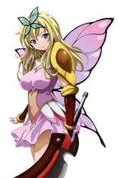 Rule 34 | 10s, 1girl, absurdres, blonde hair, blue eyes, boku wa tomodachi ga sukunai, breasts, bug, butterfly, butterfly hair ornament, butterfly wings, hair ornament, highres, insect, insect wings, kashiwazaki sena, long hair, non-web source, solo, sword, transparent background, vector trace, weapon, wings
