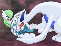 Rule 34 | 1girl, anus, artist request, ass, breasts, closed eyes, creatures (company), cunnilingus, fang, fangs, feet, full body, furry, game freak, gardevoir, gen 2 pokemon, gen 3 pokemon, green hair, hair over one eye, highres, leaning back, leaning forward, legendary pokemon, legs up, licking, lugia, medium breasts, nintendo, open mouth, oral, pokemon, pokemon (creature), pokemon gsc, pokemon rse, pussy, saliva, short hair, simple background, sitting, size difference, smile, source request, spread legs, squatting, teeth, tongue, tongue out, uncensored