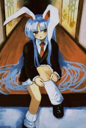 Rule 34 | 1girl, :o, adjusting clothes, adjusting legwear, animal ears, bamboo print, black footwear, blazer, blue hair, brown eyes, collared shirt, commentary request, hell0120, highres, jacket, long hair, long sleeves, looking at viewer, loose socks, necktie, open mouth, rabbit ears, rabbit girl, red necktie, reisen udongein inaba, shirt, shoes, sitting, skirt, socks, solo, touhou, very long hair, white shirt, white skirt, white socks