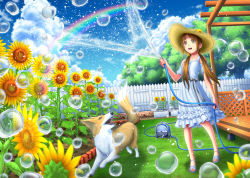 Rule 34 | 1girl, animal, ash (bgash0207), backyard, blush, brown eyes, brown hair, bubble, cloud, day, detached sleeves, dog, dress, fence, flower, garden, hair flower, hair ornament, hair over shoulder, hat, hose, hose reel, long hair, looking away, looking up, no socks, open mouth, original, outdoors, picket fence, porch, rainbow, sandals, sash, sleeveless, sleeveless dress, smile, spraying, standing, straw hat, sundress, sunflower, sunflower hair ornament, teeth, trellis, twintails, water, water drop, white dress, wooden fence