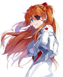 Rule 34 | 1girl, absurdres, alternate breast size, blue eyes, bodysuit, breasts, brown hair, evangelion: 3.0+1.0 thrice upon a time, expressionless, eyepatch, floating hair, highres, interface headset, long hair, looking at viewer, looking to the side, medium breasts, neon genesis evangelion, plugsuit, reaching, reaching towards viewer, rebuild of evangelion, simple background, skin tight, solo, souryuu asuka langley, title, umegae ousuke, very long hair, white background, white bodysuit