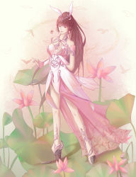 Rule 34 | 1girl, absurdres, animal ears, bare legs, bird, brown hair, collar, douluo dalu, dress, expressionless, flower, full body, hair ornament, highres, looking at viewer, metal collar, pink dress, ponytail, qingqing xiao wu 9785, rabbit ears, solo, standing, xiao wu (douluo dalu)