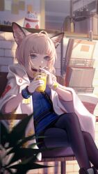 Rule 34 | 1girl, ahoge, animal ear fluff, animal ears, arknights, belt, black choker, black pantyhose, black skirt, blonde hair, blue eyes, blurry, blurry foreground, breasts, choker, commentary request, crossed legs, cup, dlgeria, drinking, drinking straw, fox ears, gloves, highres, holding, holding cup, hood, hood down, hooded jacket, indoors, infection monitor (arknights), jacket, looking at viewer, medium hair, miniskirt, open clothes, open jacket, pantyhose, short sleeves, sidelocks, sitting, skirt, small breasts, solo, sussurro (arknights), white gloves, white jacket, wide sleeves