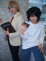 Rule 34 | 2boys, alternate hair color, asian, bags under eyes, cosplay, cosplay photo, death note, food, l (death note), male focus, multiple boys, photo (medium), yagami light
