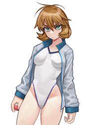 Rule 34 | 1girl, breasts, brown hair, closed mouth, commentary request, cowboy shot, creatures (company), eyelashes, flipped hair, game freak, green eyes, hair between eyes, highres, holding, holding poke ball, jacket, long sleeves, medium breasts, michibata anko, misty (pokemon), nintendo, one-piece swimsuit, open clothes, open jacket, poke ball, poke ball (basic), pokemon, pokemon hgss, simple background, solo, swimsuit, white background, white one-piece swimsuit, zipper pull tab