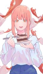 Rule 34 | arms up, braid, chainsaw man, coffee, coffee cup, cup, dessert, disposable cup, eating, food, fork, highres, holding, holding fork, holding plate, long hair, long sleeves, looking at object, no nose, open mouth, plate, red hair, ringed eyes, shirt, sidelocks, smile, tiramisu, upper body, valentine (02140314c), white shirt, yellow eyes