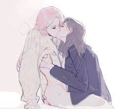 Rule 34 | 2girls, a979717082, blush, bottomless, brown hair, commentary request, ear blush, closed eyes, hand on another&#039;s ass, hand under clothes, highres, invisible chair, jewelry, long hair, multiple girls, omegaverse, original, pink hair, sitting, sweat, yuri