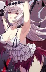 Rule 34 | 1girl, armpits, arms up, breasts, camisole, dark jeanne, feathers, granblue fantasy, hair ornament, long hair, looking at viewer, medium breasts, peki gbf, red eyes, skirt, white hair, wings