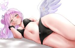 Rule 34 | 1girl, :o, black bra, black panties, blue archive, blush, bow, bow bra, bow panties, bra, breasts, cameltoe, commentary, feathered wings, hair bun, highres, lds (dstwins97), long hair, looking at viewer, medium breasts, mika (blue archive), navel, panties, pink hair, scrunchie, single side bun, solo, stomach, sweat, underwear, underwear only, white wings, wings, wrist scrunchie, yellow eyes