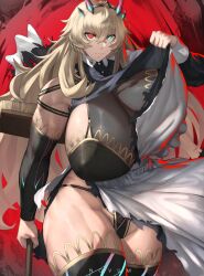 Rule 34 | 1girl, absurdres, apron, blonde hair, breasts, broom, broom riding, cropped legs, detached sleeves, barghest (fate), fate/grand order, fate (series), gigantic breasts, green eyes, heterochromia, highres, leotard, long hair, maid apron, muscular, muscular female, muscular legs, novum, red background, red eyes, solo, tearing clothes, thick thighs, thighs, torn clothes, unaligned breasts, very long hair, walking