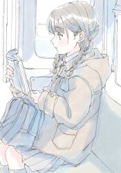 1girl book braid hair_behind_ear highres holding holding_book hood hood_down hooded_jacket jacket original pale_color pleated_skirt pocket poranka_(porankaran) profile reading sitting skirt socks solo train_interior twin_braids