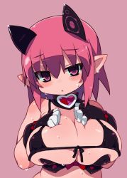 Rule 34 | :o, absurdres, bare arms, bare shoulders, black bra, blush, bra, breasts, deathlock-san, front-tie bra, gloves, hair between eyes, highres, large breasts, looking at viewer, original, pink background, pink theme, pointy ears, simple background, solo, sweat, underwear, upper body, zankuro