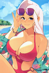 Rule 34 | 1girl, :3, artist name, beach, blue eyes, blue shirt, blue sky, bracelet, breasts, cleavage, cloud, collarbone, commentary, day, earrings, english commentary, eyewear lift, floral print, highres, hoop earrings, huge breasts, jewelry, june (squeezable), long hair, looking at viewer, mole, mole on breast, mole under eye, o-ring, o-ring swimsuit, off shoulder, one-piece swimsuit, original, outdoors, pink one-piece swimsuit, print shirt, purple-tinted eyewear, shirt, single bare shoulder, sky, smile, solo, squeezable (squeezabledraws), sunglasses, swimsuit, tinted eyewear, white hair