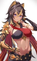 Rule 34 | 1girl, absurdres, belt, black belt, black hair, blonde hair, blue eyes, breasts, commentary, criss-cross halter, dehya (genshin impact), genshin impact, hair between eyes, halterneck, highres, large breasts, long hair, looking at viewer, midriff, multicolored hair, navel, pointy hair, revision, smile, solo, stomach, streaked hair, upper body, very long hair, vic 1223, white background