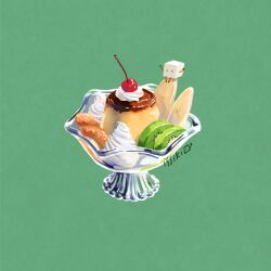 Rule 34 | cherry, food, food focus, fruit, green background, issiki toaki, kiwi (fruit), kiwi slice, original, pudding, pudding a la mode, sugar cube, whipped cream