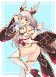 Rule 34 | 1girl, absurdres, animal ears, ass, bare shoulders, blue background, blush, chest jewel, detached sleeves, fang, flat chest, hair ornament, hair ribbon, high heels, highres, leotard, long hair, looking at viewer, low twintails, nia (blade) (xenoblade), nia (xenoblade), nintendo, niyah, open mouth, ribbon, shiny skin, silver hair, smile, solo, spoilers, thighhighs, thighs, twintails, very long hair, white background, white thighhighs, xenoblade chronicles (series), xenoblade chronicles 2, yellow eyes, yukigami
