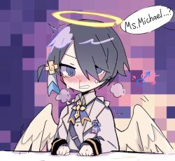 Rule 34 | @ @, ^^^, angel, angel wings, archangel (helltaker), aroused, black hair, blood, blue bow, blue bowtie, blue eyes, blue flower, blush, bow, bowtie, breaking, breath, broken halo, clenched hands, closed mouth, collared shirt, confused, corruption, corsage, cross, cross hair ornament, cross necklace, crying, crying with eyes open, dress shirt, embarrassed, feathered wings, feathers, flower, hair ornament, hair over one eye, halo, hands on table, heart, heavy breathing, helltaker, interlocked mars and venus symbols, jacket, jewelry, long sleeves, mars symbol, mosaic background, motion lines, multicolored background, naneon-aster, necklace, nervous, nose blush, nosebleed, open clothes, open jacket, parted lips, pink background, purple background, shirt, short hair, sleeves past wrists, surprised, tears, v-shaped eyebrows, v-shaped eyes, venus symbol, very short hair, white feathers, white jacket, white shirt, white wings, wings