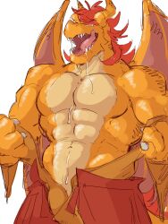 Rule 34 | 1boy, bara, chinese zodiac, colored skin, dragon boy, furry, furry male, hakama, hakama skirt, highres, japanese clothes, large pectorals, long hair, looking at viewer, male focus, mature male, muscular, muscular male, naughty face, no nipples, orange skin, original, pectorals, piikeisandaa, saliva, saliva trail, skirt, solo, tearing clothes, thick eyebrows, torn clothes, undressing, v-taper, year of the dragon