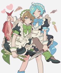 Rule 34 | 2boys, ahoge, alternate costume, animal, apron, asparagus, black dress, blue bow, blue eyes, blue hair, bow, brown hair, carrot, closed eyes, closed mouth, crossdressing, dress, enmaided, ensemble stars!, feet out of frame, fish, food, frilled apron, frills, full body, green bow, heart, highres, holding, holding animal, holding fish, holding knife, knife, looking at viewer, maid, maid headdress, male focus, male maid, meremero, multiple boys, pizza, pizza slice, puffy short sleeves, puffy sleeves, red snapper, shinkai kanata, short hair, short sleeves, sitting, smile, takamine midori, waist apron, white apron, white background, wrist cuffs