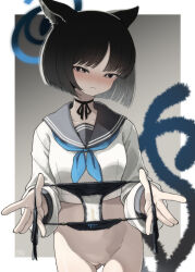 Rule 34 | 1girl, animal ears, black choker, black eyes, black hair, black panties, black ribbon, black sailor collar, blue archive, blue halo, blue neckerchief, blunt ends, bottomless, bow, bow panties, breasts, cat ears, cat girl, cat tail, choker, cleft of venus, collarbone, commentary request, cowboy shot, cropped shirt, gluteal fold, half-closed eyes, halo, highres, holding, holding clothes, holding panties, holding underwear, kikyou (blue archive), long sleeves, looking at viewer, medium breasts, multiple tails, neckerchief, nekomata, panties, pee stain, presenting removed panties, pussy, ribbon, ribbon choker, sailor collar, shirt, short hair, side-tie panties, solo, stained panties, tail, two tails, underwear, utm iota, white shirt