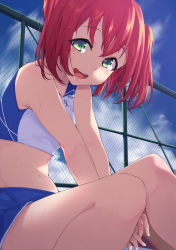 Rule 34 | 1girl, :d, between legs, chain-link fence, cloud, cloudy sky, commentary request, crop top, day, fence, green eyes, gym shorts, hand between legs, highres, kurosawa ruby, looking at viewer, love live!, love live! sunshine!!, midriff, navel, open mouth, outdoors, red hair, round teeth, short hair, short shorts, shorts, sitting, sky, smile, solo, sweat, teeth, track uniform, two side up, upper teeth only, yamaori (yamaorimon)