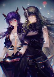 Rule 34 | 2girls, arknights, bare shoulders, black gloves, black hair, black jacket, black shirt, blue hair, breasts, ch&#039;en (arknights), closed mouth, collared shirt, commentary, gloves, hair between eyes, highres, horns, hoshiguma (arknights), jacket, liujiang2020, long hair, looking at viewer, medium breasts, multiple girls, necktie, open clothes, open jacket, parted lips, puffy short sleeves, puffy sleeves, red eyes, shirt, short sleeves, single horn, sleeveless, sleeveless shirt, symbol-only commentary, turtleneck, very long hair, white shirt, yellow eyes, yellow necktie