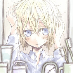 Rule 34 | 1girl, blonde hair, blue eyes, blush, clock, erica hartmann, gradient background, hair between eyes, hand on own head, sleepy, solo, strike witches, toothbrush, wavy mouth, world witches series, yukimochi (yume)
