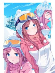 Rule 34 | 1girl, akitsuki (oenothera), blue eyes, blue sky, blush, brown hair, closed mouth, go-toubun no hanayome, goggles, goggles on head, hat, highres, jacket, long hair, looking at viewer, nakano miku, open mouth, outdoors, skiing, sky, smile, snow, tree, winter clothes
