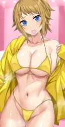 Rule 34 | 1girl, bikini, blue eyes, breasts, brown hair, cleavage, closed mouth, collarbone, commentary request, condom, condom in mouth, condom wrapper, cowboy shot, female pubic hair, gluteal fold, groin, gundam, gundam build fighters, gundam build fighters try, hand up, highleg, highleg bikini, highres, hood, hood down, hooded jacket, hoshino fumina, jacket, long sleeves, looking at viewer, medium breasts, mouth hold, navel, nirowata, off shoulder, open clothes, open jacket, ponytail, pubic hair, pubic hair peek, short hair, sidelocks, single bare shoulder, smile, solo, standing, stomach, sweat, swimsuit, underboob, untied bikini, yellow bikini, yellow jacket