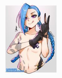 Rule 34 | 1girl, absurdres, aurahack, bandaid, bandaids on nipples, black gloves, blue hair, braid, bullet, commentary, english commentary, flat chest, glove pull, gloves, heart, highres, jinx (league of legends), league of legends, licking lips, long braid, looking at viewer, naughty face, navel, nude, pasties, purple eyes, revision, solo, spoken heart, tattoo, tongue, tongue out, twin braids, v