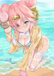 Rule 34 | 1girl, absurdres, bandages, barefoot, beach, bikini, blue bikini, blue eyes, blush, bottomless, breasts, chinpan, cleavage, day, double bun, fate/apocrypha, fate/grand order, fate (series), food, frankenstein&#039;s monster (fate), frankenstein&#039;s monster (swimsuit saber) (fate), frankenstein&#039;s monster (swimsuit saber) (first ascension) (fate), hair bun, hair over eyes, hair over one eye, headgear, highres, horns, ice cream, ice cream cone, jacket, looking at viewer, medium breasts, pink hair, short hair, single horn, solo, summer, swimsuit, triple scoop